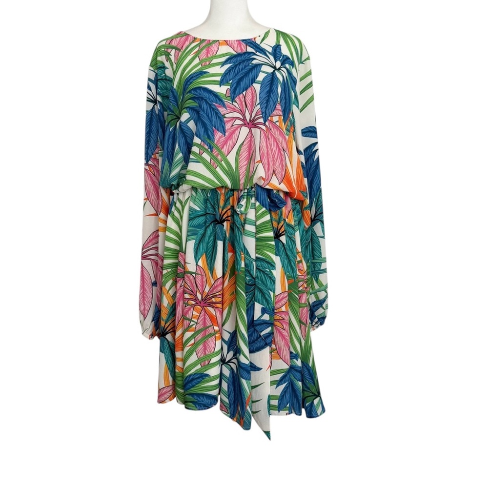 Flying Tomato Palm Print Long Sleeve Tropical Island Resort Boho Belted Dress 1X
